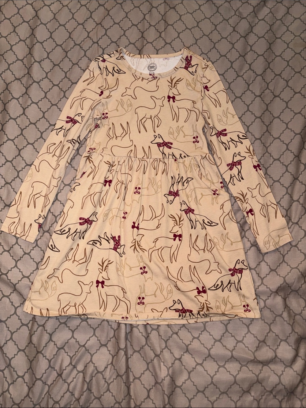 wonder nation Cream Long-Sleeve Reindeer Print Dress with Burgundy Accents